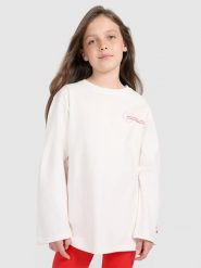 4F Longsleeve oversize z nadrukiem dziewczęcy - biały 152 (11-12 lat). Białe koszulki dziewczęce 4f, m, bez wzorów, z bawełny, bez ramiączek. W wyprzedaży za 49.99 zł.