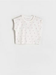 T-shirt z nadrukiem - złamana biel. Koszulki dziewczęce Reserved, bez wzorów, z bawełny, bez ramiączek. W wyprzedaży za 29.99 zł.