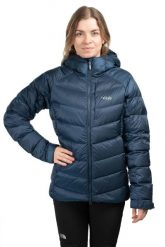 Kurtka trekkingowa puchowa damska Glaceon Pro Women. Niebieskie kurtki damskie RAB, na zimę, m, bez wzorów, z materiału, z kapturem. Za 1,259.99 zł.