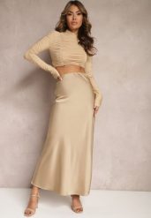 Beżowa Satynowa Spódnica Maxi High Waist Formia. Brązowe spódniczki damskie Renee, l, bez wzorów, z satyny, z podwyższonym stanem, maxi. Za 99.99 zł.