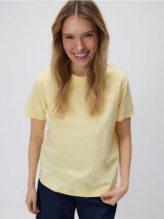 Bawełniany t-shirt regular - żółty. Żółte t-shirty damskie Reserved, l, bez wzorów, z bawełny, bez kołnierzyka. Za 29.99 zł.