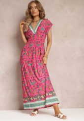 Różowa Rozkloszowana Sukienka Maxi z Printem Paisley z Gumką w Pasie Zoenia. Czerwone sukienki damskie Renee, na lato, l, bez wzorów, bez kołnierzyka, bez ramiączek, maxi, rozkloszowane. W wyprzedaży za 38.49 zł.