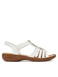 Rieker Sandały 60839-80 Biały. Białe sandały damskie Rieker, bez wzorów, z materiału, bez obcasa, na płaskiej podeszwie. Za 299.99 zł.
