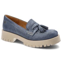 Granatowe Półbuty Maciejka Wygodne Skórzane Buty Damskie. Niebieskie półbuty damskie Maciejka, z aplikacjami, z denimu, eleganckie, bez obcasa, na płaskiej podeszwie. Za 249.00 zł.