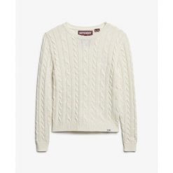 Sweter z cienkimi warkoczami, klasyczny, okrągły dekolt, damski Superdry. Białe swetry klasyczne damskie Superdry., na zimę, ze splotem, bez kołnierzyka. Za 238.50 zł.