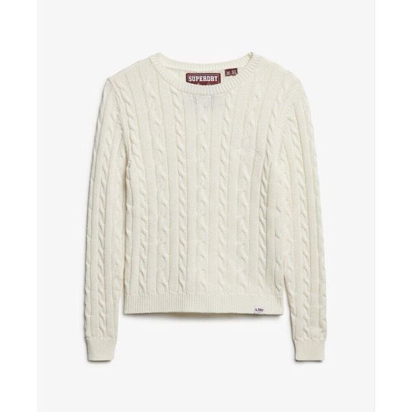 Sweter z cienkimi warkoczami, klasyczny, okrągły dekolt, damski Superdry. Białe swetry klasyczne damskie Superdry., na zimę, ze splotem, bez kołnierzyka. Za 238.50 zł.