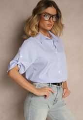 Jasnoniebieska Koszula Bawełniana w Drobne Paski z Rękawami 3/4 Lialorea. Niebieskie koszule damskie Renee, l, bez wzorów, z bawełny, eleganckie, bez kołnierzyka, bez ramiączek. Za 49.99 zł.