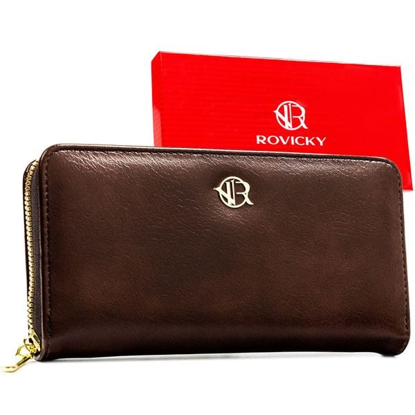 Portfel-piórnik damski wykonany ze skóry ekologicznej w brązowym kolorze - Rovicky. Brązowe portfele damskie ROVICKY, bez wzorów, ze skóry ekologicznej. Za 29.99 zł.