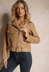 Beżowa Kurtka o Kroju Ramoneski z Paskiem ze Sprzączką i Kieszeniami Milvila. Brązowe kurtki damskie Renee, l, bez wzorów, z jeansu, bez kaptura. Za 209.99 zł.