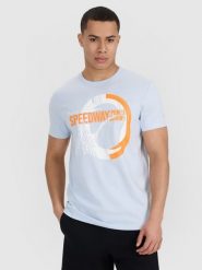 4F T-shirt regular z nadrukiem męski - niebieski L. Niebieskie t-shirty męskie 4f, l, bez wzorów, z bawełny, bez kołnierzyka. W wyprzedaży za 39.99 zł.