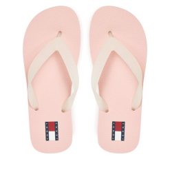 Japonki Tommy Jeans. Czerwone klapki damskie Tommy Jeans, bez wzorów, z jeansu, bez obcasa. Za 89.99 zł.