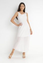 Biała Sukienka Philice. Białe sukienki damskie Born2be, s, z aplikacjami, z tkaniny, glamour, bez kołnierzyka, bez ramiączek, maxi. W wyprzedaży za 111.99 zł.