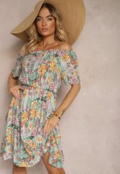 Niebiesko-Pomarańczowa Sukienka z Bawełny w Kwiatowy Print Dimizama. Niebieskie sukienki damskie Renee, na co dzień, l, bez wzorów, z bawełny, eleganckie, bez kołnierzyka, bez ramiączek, mini, kopertowe. W wyprzedaży za 47.99 zł.
