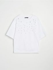 Bawełniana koszulka z ozdobnymi dżetami - biały. Białe t-shirty damskie Sinsay, l, bez wzorów, z bawełny, bez kołnierzyka. W wyprzedaży za 11.99 zł.