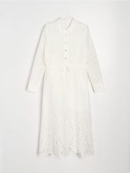 Sukienka midi z ażurowymi wstawkami - biały. Białe sukienki damskie Sinsay, l, w ażurowe wzory, bez kołnierzyka, bez ramiączek, midi. Za 99.99 zł.