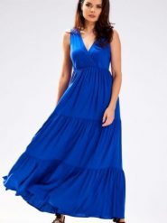 Sukienka Model A581 Blue - awama. Niebieskie sukienki damskie Awama, na lato, l, z aplikacjami, z bawełny, bez kołnierzyka, bez ramiączek. Za 412.33 zł.