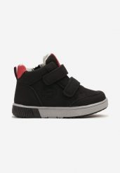 Czarno-Czerwone Botki Clibee w Stylu Sneakersów na Płaskiej Podeszwie z Tłoczeniem Romitha. Czarne botki dziewczęce Born2be, bez wzorów, z jeansu, bez ramiączek. Za 49.99 zł.