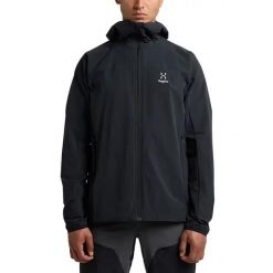 HAGLOFS Kurtka softshell męska MORAN SOFTSHELL HOOD MEN true black-XL. Czarne kurtki softshell damskie Haglöfs, m, bez wzorów, z elastanu, z kapturem. Za 477.64 zł.