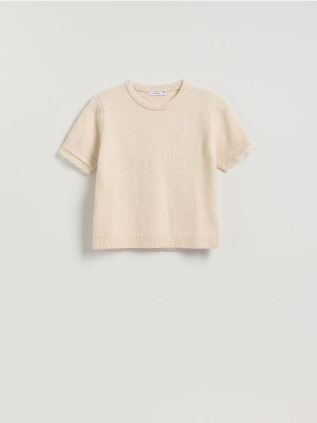 Sweter z krótkim rękawem - beżowy. Brązowe swetry klasyczne damskie Reserved, l, z dzianiny, bez kołnierzyka. Za 119.99 zł.