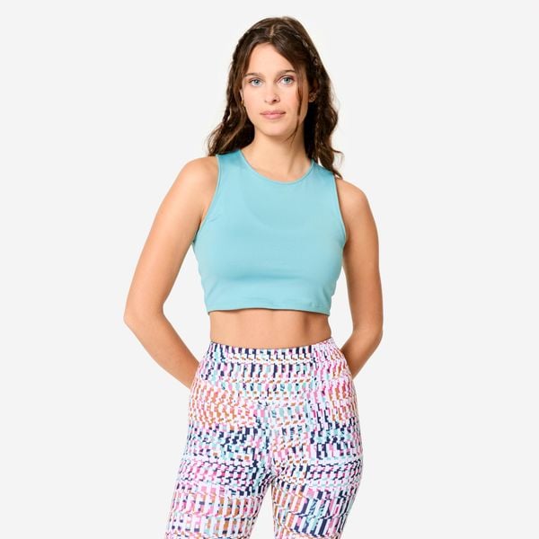 Koszulka fitness damska Domyos bez rękawów crop top. Niebieskie bluzki sportowe damskie DOMYOS, l, z elastanu, bez kołnierzyka, bez ramiączek. W wyprzedaży za 19.99 zł.