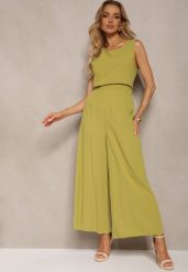 Jasnozielony Komplet z Bawełny Spodnie Culottes i Luźny Top Tinelia. Zielone spodnie materiałowe damskie Renee, z aplikacjami, z bawełny. Za 49.99 zł.