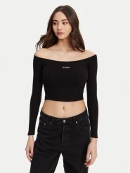 Guess Bluzka V5YP07 K8RT2 Czarny Regular Fit. Czarne bluzki damskie Guess, s, z aplikacjami, z wiskozy, bez ramiączek. Za 119.99 zł.