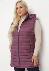 Fioletowa Pikowana Kamizelka z Odpinanym Kapturem o Taliowanym Kroju Tinvalia. Fioletowe kamizelki damskie Born2be, plus size, z jeansu. Za 139.99 zł.