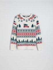 Sweter ze świątecznym wzorem - złamana biel. Swetry męskie Reserved, l, bez wzorów, z bawełny, bez kołnierzyka. W wyprzedaży za 79.99 zł.