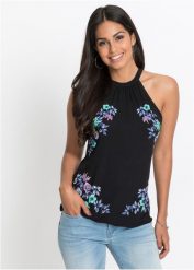 Top z nadrukiem. Czarne topy damskie bonprix, bez wzorów, z materiału, bez kołnierzyka. Za 37.99 zł.