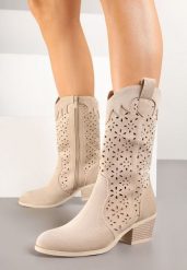 Ciemnobeżowe Ażurowe Botki na Obcasie w Stylu Kowbojek Lissemi. Brązowe botki damskie Born2be, na jesień, z jeansu, eleganckie, bez obcasa, na obcasie, bez zapięcia. Za 149.99 zł.