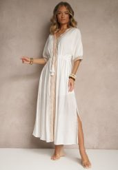 Biała Sukienka z Wiskozy Ozdobiona Ażurowymi Wstawkami Aloviana. Białe sukienki damskie Renee, na co dzień, na lato, l, w ażurowe wzory, z wiskozy, eleganckie, bez kołnierzyka, bez ramiączek, maxi. Za 149.99 zł.