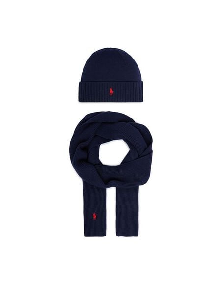 Polo Ralph Lauren Zestaw szalik i czapka 7,10951E+11 Granatowy. Niebieskie czapki zimowe damskie Polo Ralph Lauren, z wełny. Za 859.99 zł.