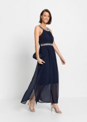 Długa sukienka z aplikacją ze sztrasów. Niebieskie sukienki damskie bonprix, z aplikacjami, z szyfonu, eleganckie, bez kołnierzyka, bez ramiączek, maxi. Za 189.99 zł.