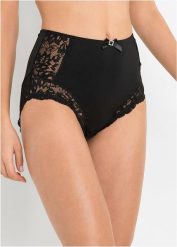 Figi z wysoką talią z delikatną koronką. Czarne figi damskie bonprix, s, z aplikacjami, z koronki. Za 42.99 zł.