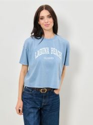 Bawełniana koszulka z napisem wakacyjnym - niebieski. Niebieskie t-shirty damskie Sinsay, l, bez wzorów, z bawełny, bez kołnierzyka. Za 19.99 zł.