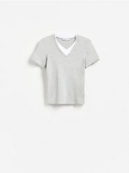 T-shirt w prążek - jasnoszary. Szare t-shirty damskie Reserved, l, bez wzorów, z bawełny, bez kołnierzyka. Za 59.99 zł.