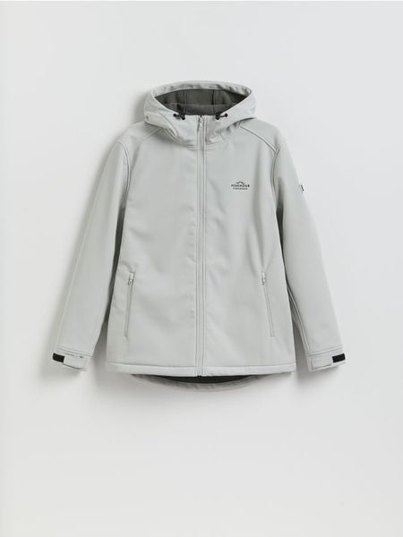 Kurtka softshell z kapturem - jasnoszary. Szare kurtki męskie Reserved, l, bez wzorów, z dzianiny, z kapturem. Za 199.99 zł.