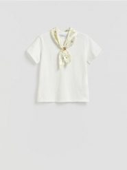 T-shirt z apaszką - złamana biel. T-shirty damskie Reserved, l, bez wzorów, z bawełny, bez kołnierzyka. Za 89.99 zł.