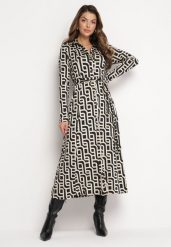Beżowo-Czarna Koszulowa Sukienka Maxi w Geometryczny Wzór z Wiązanym Paskiem Gelama. Brązowe sukienki damskie Born2be, m, bez wzorów, z materiału, bez kołnierzyka, bez ramiączek, maxi, koszulowe. W wyprzedaży za 159.99 zł.
