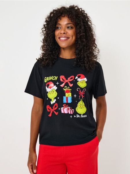 Bawełniana koszulka z nadrukiem Grinch - czarny. Czarne t-shirty damskie Sinsay, l, bez wzorów, z bawełny, bez kołnierzyka. Za 39.99 zł.