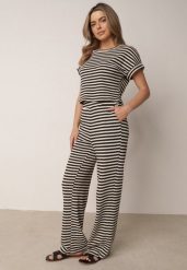 Beżowo-Czarny Dzianinowy Komplet z Bawełną Ozdobiony Wzorem w Paski Spodnie i Bluzka Amiphisia. Brązowe spodnie materiałowe damskie Born2be, bez wzorów, z bawełny. Za 179.99 zł.