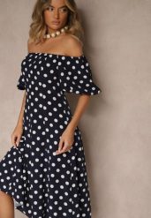 Granatowa Sukienka Hiszpanka Vices w Kropki o Rozkloszowanym Kroju Zilua. Niebieskie sukienki damskie Renee, na spotkanie biznesowe, l, bez wzorów, z materiału, retro, bez kołnierzyka, bez ramiączek, midi, rozkloszowane. Za 129.99 zł.
