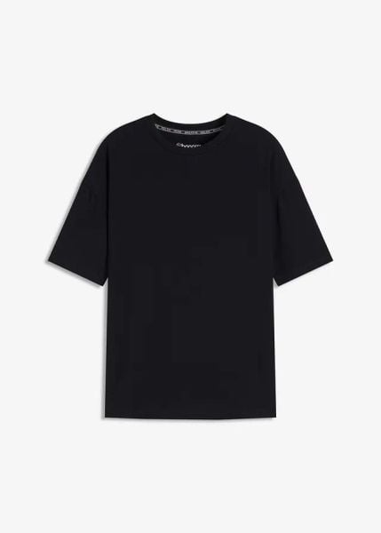 Koszulka sportowa oversize z bawełną, szybkoschnąca. Czarne bluzki sportowe damskie bonprix, z bawełny, bez kołnierzyka, bez ramiączek. Za 64.99 zł.