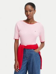 Tommy Hilfiger Sweter Fine Gg Cable Boat WW0WW50103 Różowy jasny Regular Fit. Czerwone swetry klasyczne damskie Tommy Hilfiger, s, z bawełny, bez kołnierzyka. Za 489.99 zł.