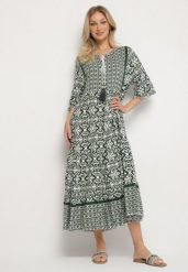 Zielona Bawełniana Sukienka w Stylu Boho z Wiązaniem Przy Dekolcie Orradelle. Zielone sukienki damskie Born2be, na co dzień, na lato, l, bez wzorów, z bawełny, boho, bez kołnierzyka, bez ramiączek, proste. W wyprzedaży za 59.99 zł.