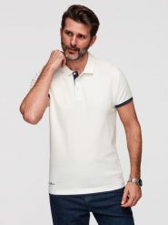 Bawełniana męska koszulka polo z kontrastowym wykończeniem – biała V1. Białe koszulki polo męskie Ombre Clothing, m, bez wzorów, z bawełny, bez ramiączek. W wyprzedaży za 129.99 zł.