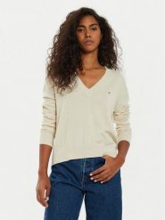 Tommy Jeans Sweter Essential DW0DW18670 Beżowy Regular Fit. Brązowe swetry klasyczne damskie Tommy Jeans, xs, z bawełny, bez kołnierzyka. Za 209.99 zł.