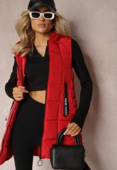Czerwona Długa Kamizelka Pikowana z Wysokim Kołnierzem i Kapturem Pansi. Czerwone kamizelki damskie Renee, l, długie. Za 139.99 zł.