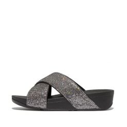 Sandały damskie FitFlop Lulu Cross Slide - Glitterball. Szare sandały damskie FIT FLOP, bez wzorów, z materiału, bez obcasa. Za 489.50 zł.