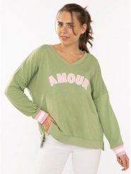 Zwillingsherz Sweter "Amour" w kolorze zielono-jasnoróżowym rozmiar: S/M. Różowe swetry klasyczne damskie Zwillingsherz, m, bez kołnierzyka. Za 239.29 zł.